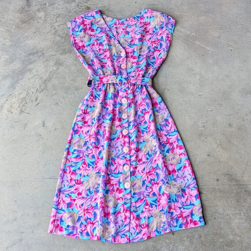 Vintage Cora's Closet Pink Blue Hawaiian Floral Belted Sleeveless Dress - Picture 8 of 8